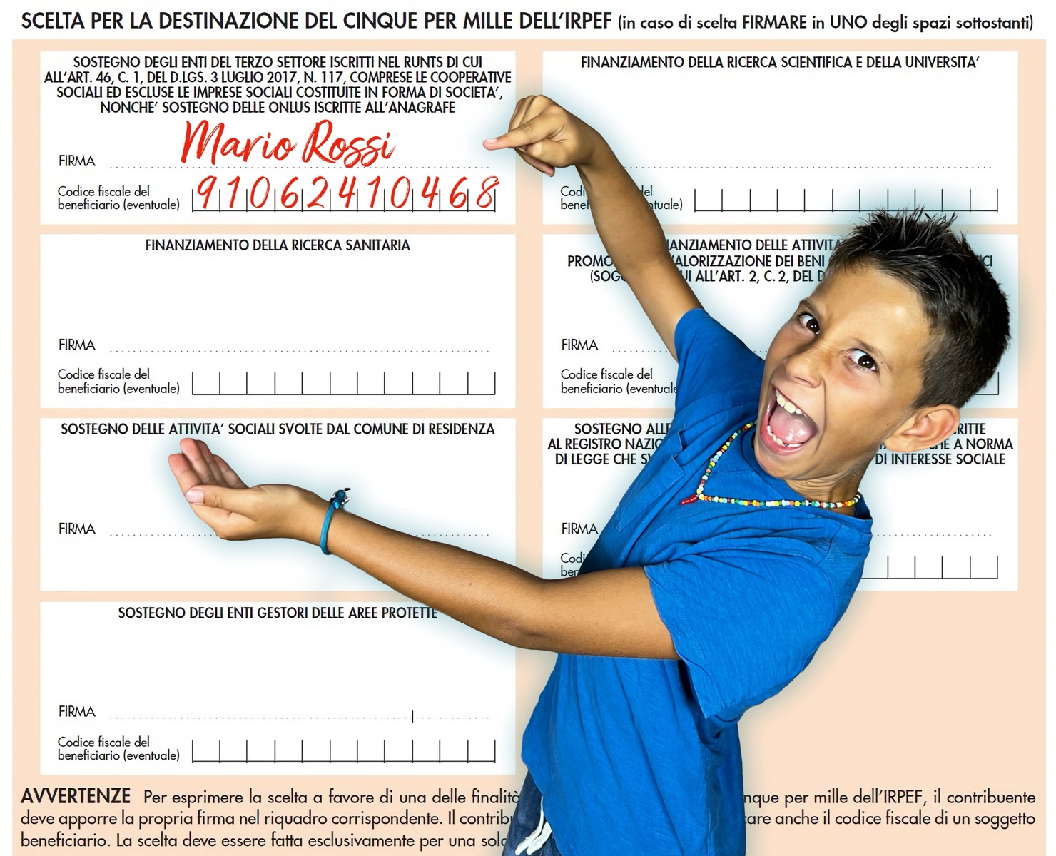 Facsimile dichiarazione dei redditi con Codice Fiscale 91062410468 per donazione 5x1000 a Teatro Res 9